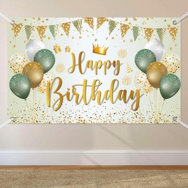 Birthday Banner Green Gold, Happy Birthday Banner 180 x 110 cm, Happy Birthday Background Banner, Large Birthday Banner Sign Poster for Girls Boys Party Decoration