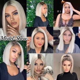 21AE Balayage Ombre Ash Blonde Bob Wig with Dark Roots, Transparent HD Lace Frontal Human Hair Wigs, 14 Inch Platinum Blonde Lace Front Wigs with Baby Hair Pre plucked Natural Hairline 150% Density