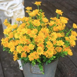 HIFORESTAR Artificial Outdoor Flowers Fake Mums 8 Bundles Yellow Flower Realistic Wild Flower Cemetery Daisy Stems Faux Plants for Outdoors Planter Front Porch Patio Decor (8 Bundles Yellow)