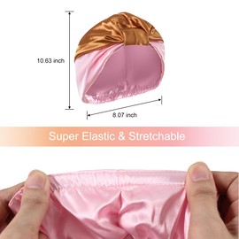 10.6 Inches Satin Hair Bonnet for Sleeping | Elastic and Reusable Shower Hair Caps | Double Layers Shower Cap for Women, Bonnet for Curly Hair | Satin Silk Bonnet for Sleeping Women, Khaki & Pink