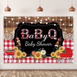 AOFOTO BBQ Baby Shower Backdrop Sunflowers Wood Plaid Baby Q Print Photography Background Barbecue Picnic Gender Reveal Newborn Baby Shower Birthday Party Banner Portrait Photo Studio Props 10x8ft