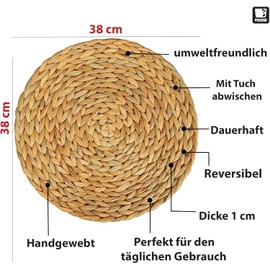 PECZEKO Set of 12 Round Seagrass Place Mats, Washable Place Mats, Boho Place Plates, Ideal for Christmas, Wedding, Kitchen Party, Heat-Resistant, 35 cm, Washable, Natural