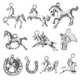 Stiesy 100Pcs 10 Styles Antique Silver Horse Charms Tibetan Style Horseshoe Charm Vintage Animal Jewelry Dangle Bulk for Bracelet Jewellery Making DIY Crafts Necklace Earring