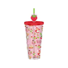 Silver Buffalo Strawberry Shortcake Plastic Cold Cup with Lid and Straw Topper Featuring Strawberry Shortcake and Custard, 24 Ounces