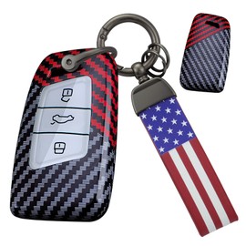 ontto Smart Remote Key Skin Fit for Volkswagen Arteon Atlas Golf Alltrack Jetta GLI Passat Taos SEL 2018-up Car Accessories,Carbon Texture Car Key Housing with USA Flag Keychain Red