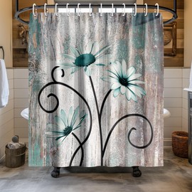 Rustic Flower and Vine Shower Curtain with Hooks, Daisy Teal Turquoise Shower Curtain for Bathroom,72" W x 72" L, Waterproof and Durable Polyester Fabric, Easy to Clean, Quick-Drying Bathroom Decor