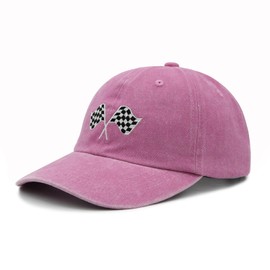Racing Car Flag Baseball Cap for Men Women, Adjustable Embroidered Washed Hat Pink