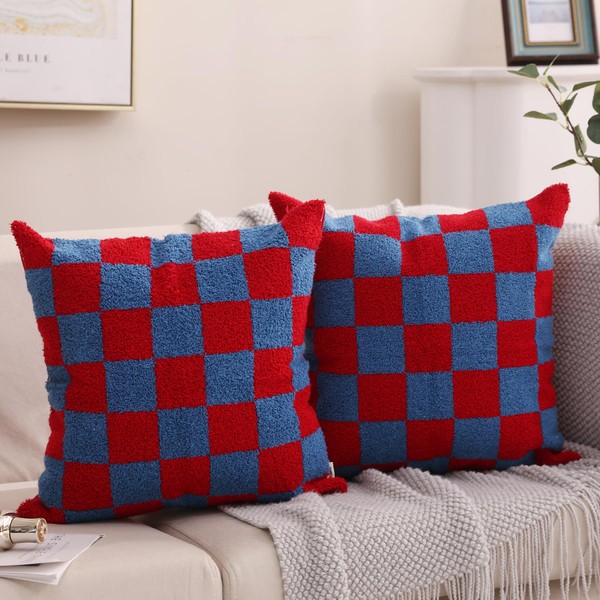 Alysheer Checkered Embroidered Decorative Throw Pillow Covers 18"x 18" Set