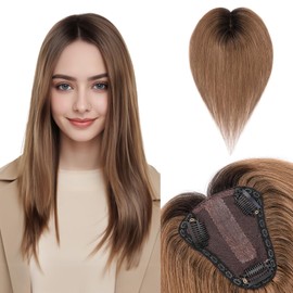 Benehair Hair Toppers for Women Real Human Hair 100% Remy Human Hair Pieces for Women with Thinning Hair 8 * 10cm Lace Silk Base 10 Inch 30g Clip in Hair Extension Ombre Light Brown