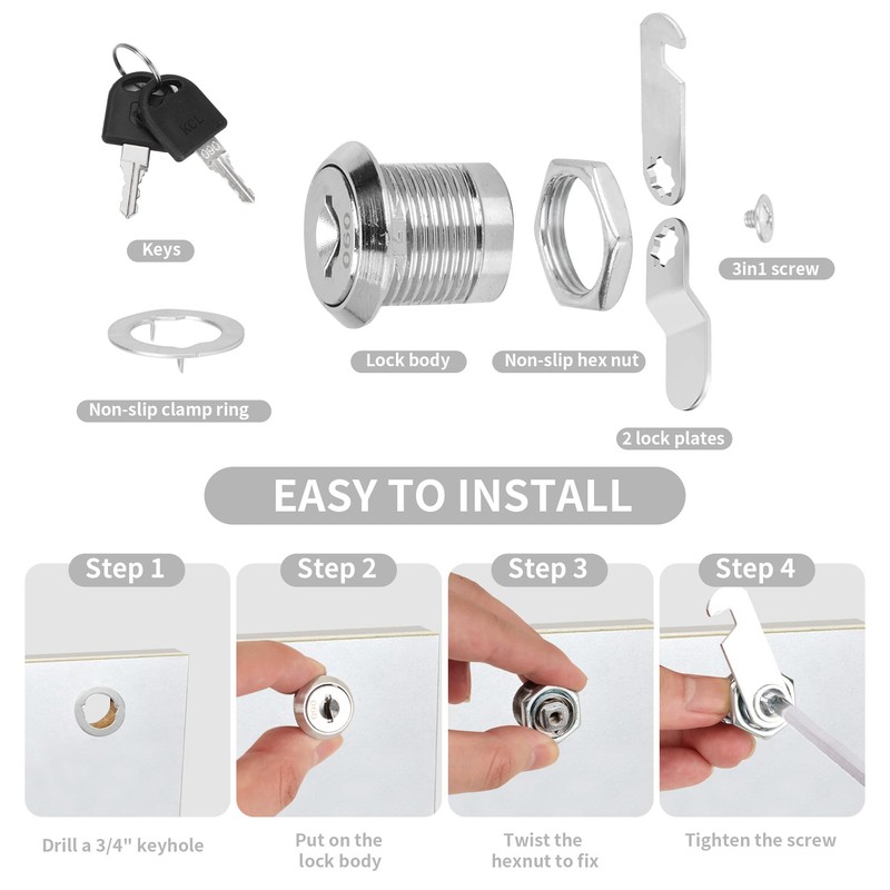 KEJJNYER 10 Pack Cam Locks Keyed Alike, 5/8'' Cylinder Zinc