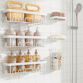 Veken 6-Pack Rustproof&Waterproof Shower Caddy, Adhesive Shelves Rack with Soap Holder, Large Bathroom & Washroom Organizer, No Drilling Wall-Mounted Kitchen&Home Decor,Ideal for Bathtub Storage,White