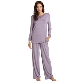 GYS Women's Pajamas Set - Viscose Made from Bamboo, Long Sleeve Long Pants Sleepwear Soft Pjs Lounge Sets with Pockets, Violet, X-Large