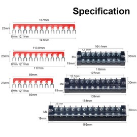 MILAPEAK Terminal Block and Strip - 6 Sets 8/10/12 Positions 600V 25A Dual Row Wire Screw Terminal Strip Block with Cover + 400V 25A Pre-Insulated Terminals Barrier Strips Jumpers (Black & Red)