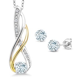 Gem Stone King 925 Sterling Silver and 10K Yellow Gold Aquamarine and Diamond Pendant and Earrings Jewelry Set For Women 0.70 Cttw, Gemstone Birthstone, with 18 Inch