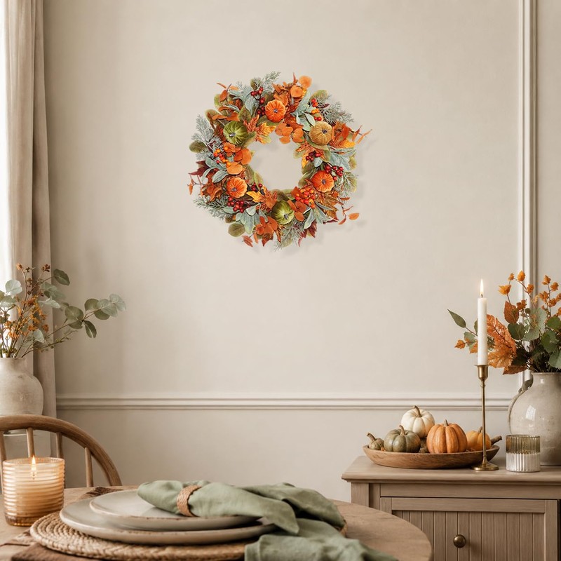 20 Inch Pre-Lit Pumpkin Fall Wreath for Front Door, 30