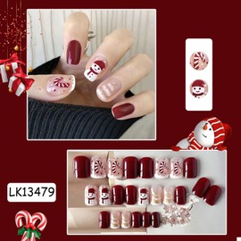 Christmas Fake Nails, Snowman Christmas Red False Nails, 24pcs Stick on Nails with Glue,Christmas Press on Nails Short,Christmas Square Stick on Nails,Fake Nails Christmas Nail Art Home DIY Manicure