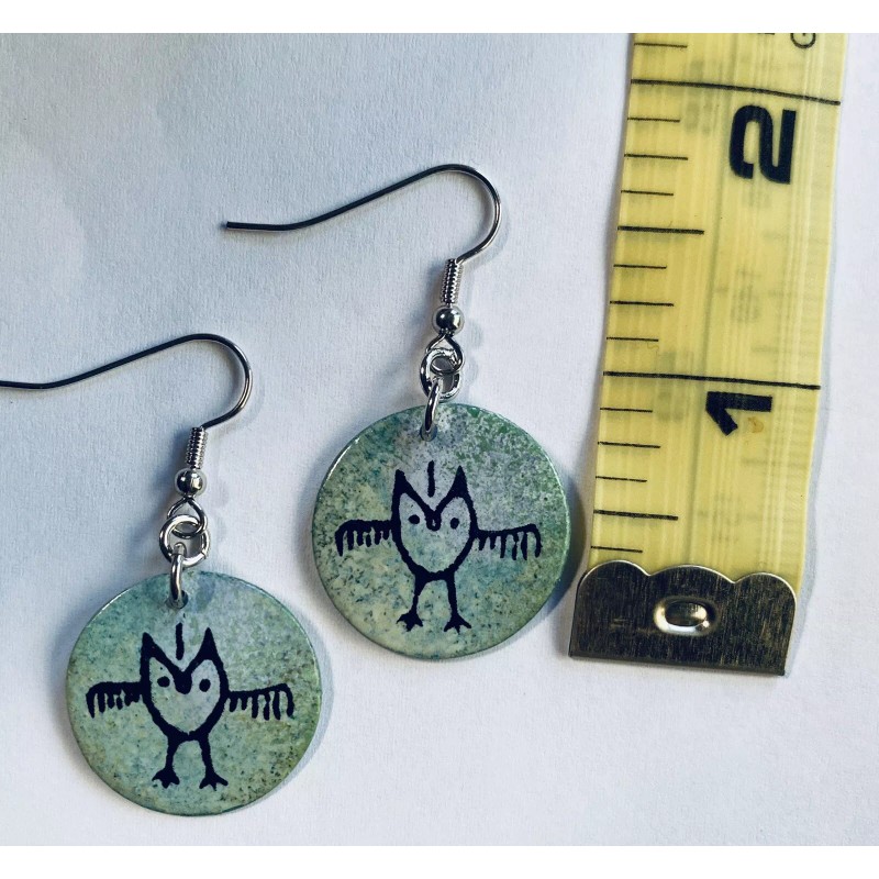 Hand Painted Pitroglyph Green Owl Sea Shell Earring