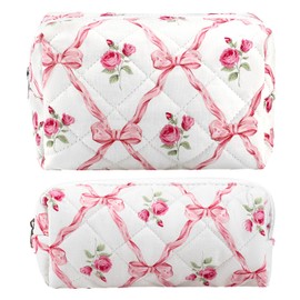 URSKYTOUS 2Pcs Cotton Quilted Makeup Bag for Women Girls Coquette Cosmetic Bag Cute Zipper Pink Bow Pencil Pouch Aesthetic Portable Travel Toiletry Bag Trendy Essentials Skincare Makeup Brush Pouch