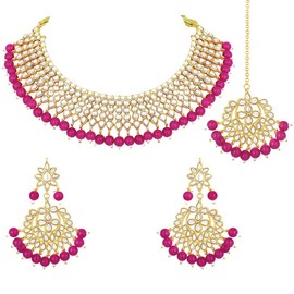 Aheli Traditional Gold Plated Rani Pink Kundan Choker Necklace Dangle Chandbali Earring & Maang Tikka Ethnic Jewelry Set Gift for Women