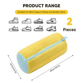 2-Pack Shoe Laundry Bags for Washing Machine, 10,000+ Fluffy Fibers for 360° Deep Cleaning, Reusable Zippered Mesh Bags for Shoes, Sneakers & Footwear Drying (Yellow+Beige)