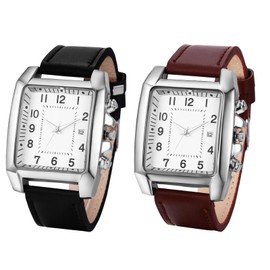 JewelryWe Mens Wristwatch:Black Brown Leather Square Quartz Analog Calendar Watch Business Casual Dress Watch
