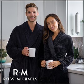 Ross Michaels Mens Robe Shawl Collar Wrap Style - Mid Length Plush Fleece Bathrobe (Jet Black, Large/X-Large)