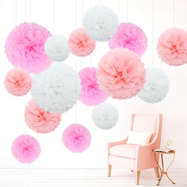Himeland Pompoms Paper Flower Set of 15 for Wedding Baby Shower Garden Party Wedding as Children's Room Decoration