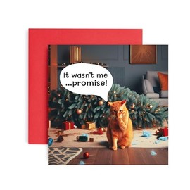 Huxters Christmas Cards for Women Men – Wasn't Me Cat Verus Tree Christmas Happy Christmas Card for him and her Family Christmas Holiday – Dad Mum Brother Sister Auntie Uncle Daughter holiday card