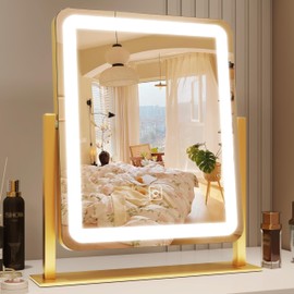 ROLOVE Gold Vanity Mirror with Lights, 15"x13" Lighted Makeup Mirror with Smart Touch, 3-Color Dimmable Lighting, 360° Rotation, Tabletop Mirror for Desk or Bedroom