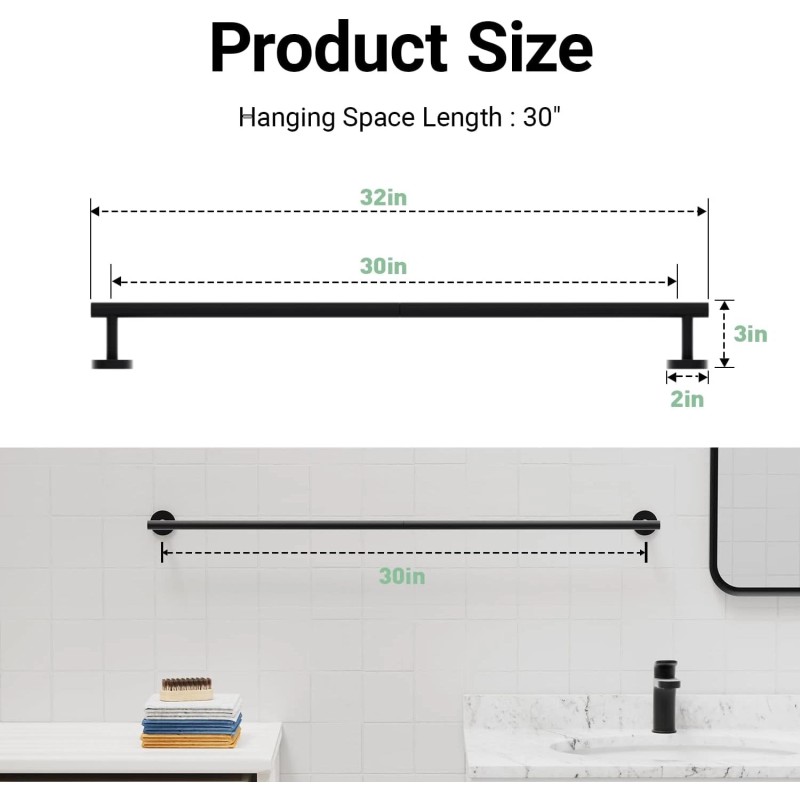 IOQ 30" Matte Black Towel Bar, Towel Rack for Bathroom