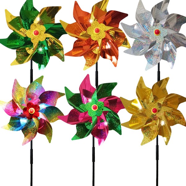 6Pack Sparkly Reflective Pinwheels Holographic Spinners Whirl Pin Wheel Scare