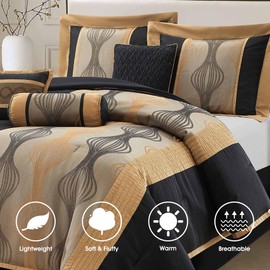 LANCO MODERN LIFESTYLE King Comforter Set, Black Gold, 7 Pieces Bed in a Bag, Ultra Soft Jacquard with Solid Piecework, Luxury Bed Set with Comforters, Bed Skirt, Pillow Shams and Decorative Pillows