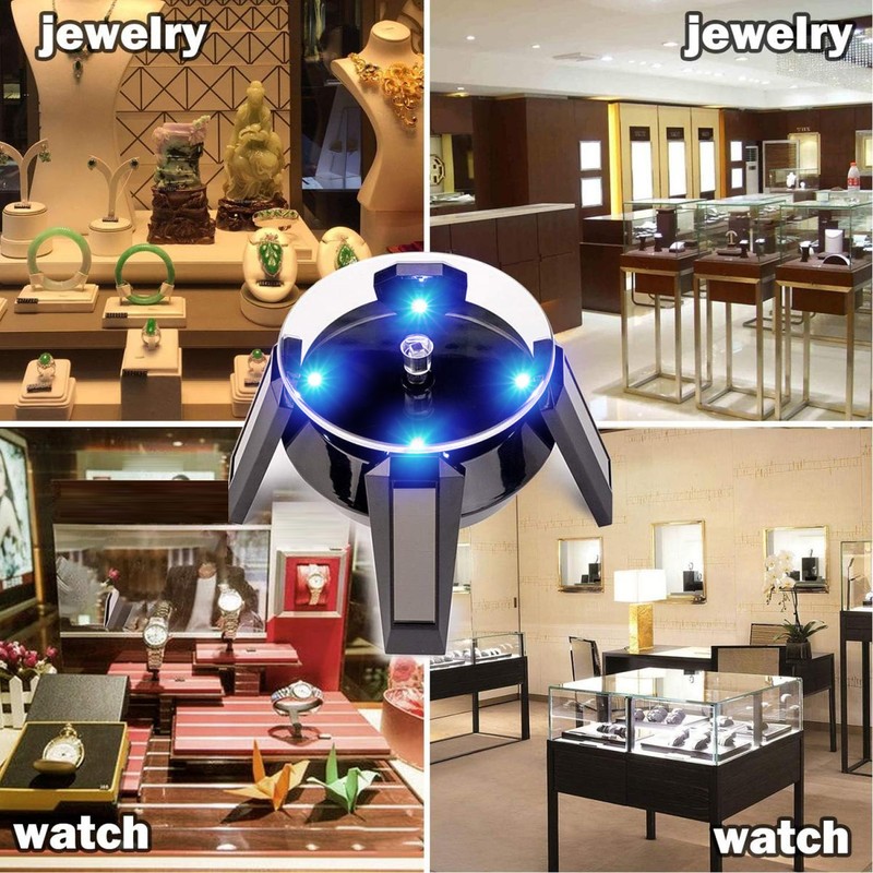 LED Jewelry Display Turntable Solar Powered Rotating Stand Blue Led