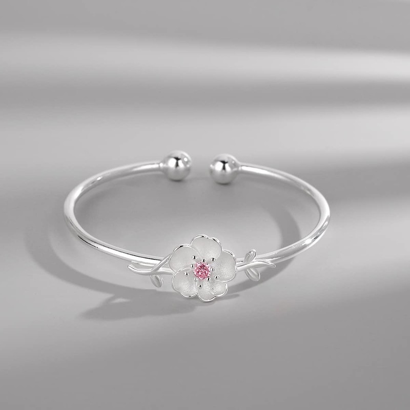 Ganquya Sterling Silver Plated Pink CZ Cherry Blossoms Flower Women