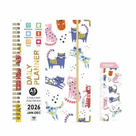 TFDLCG zm 2026 Academic Planner Weekly and Monthly,Jan 2026 to Dec 2026,School Year Planning Book,Hard Cover Daily Calendar Planner with Tabs,Small Size A5 (6.3" x 8.5") for Student Kids&Women,Cute Cat