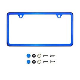 KA DEPOT Two Hole Slim Version Blue Chrome Mirror License Plate Frame T304 Stainless Steel + Metal Screw Caps