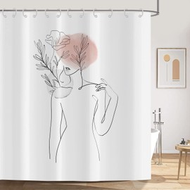 ASDCXZ Boho Style Shower Curtain, 180 x 200 cm, Modern Abstract Art, Minimalism, Girls' Body, Curve, Flower, Leaves, Washable Shower Curtains, Textile Waterproof Shower Curtain for Bathtub with 12