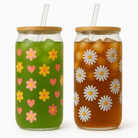 BambooSip 2PCS Drinking glasses with Bamboo Lids, Straws and Cleaning Brush, 16oz Glass Cups with Lids and Straws,Beer Glasses,juice,Smoothies,IceCoffeeGlasses,Soda, Gift, UniqueDaisyDesign