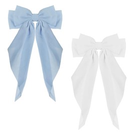 Hair Clips with Large Bow - 2 Pieces Chiffon Hair Accessories for Women and Girls (Blue + White)
