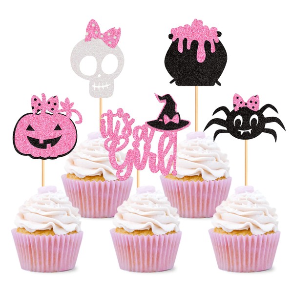 Ercadio Paquete de 30 decoraciones para cupcakes de Halloween con purpurina rosa para Halloween, calabaza, cupcakes, araña, calavera, cupcakes, púas para Halloween, temática de género, revelación de género, fiesta de cumpleaños, suministros de decoración