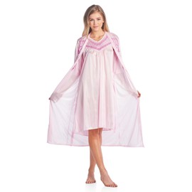 Casual Nights Women's Satin 2 Piece Robe and Nightgown Set - Embroidered Pink - X-Large
