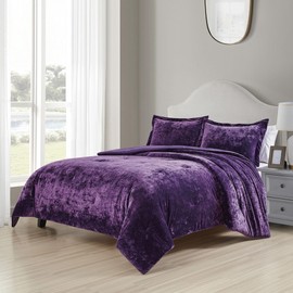HUMESIIL Luxury Velvet Queen Comforter Set, 3 Pieces Reversible Comforters Queen Size with 2 Pillow Shams, Brushed Solid Microfiber Back, All Season Cozy, Soft, Warm, Lightweight (Purple，90x90 Inch)