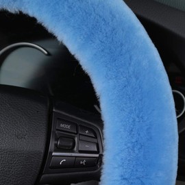 Fuzzy Fluffy Soft Wool Sheepskin Fur Blue car Steering Wheel Cover for Adults Girls Women Men Protector Universal 14 1/2-15 1/2inchs (Sky Blue)