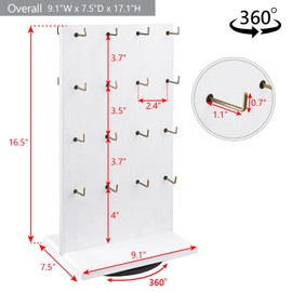 MOOCA Wooden Rotating Two-Sided Jewelry Display Stand, Rotating Organizer with 32 Long Hooks for Store, Keychain Earring Display, White color, 9.1W x 7.5 D x 17.1 H in