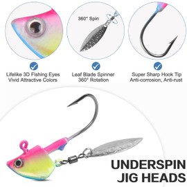 Underspin Jig Heads Kit - 16Pcs Jig Head Fishing Hooks Walleye Jigs Swimbait Jig Head with Willow Blade Weighted Glow Fishing Jigs Lures for Walleye Crappie Bass Trout Flounder 1/4oz 3/8oz 1/2oz
