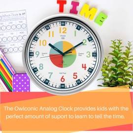OWLCONIC Telling Time Teaching Clock - Kids Clock, Kids Room Decor, Playroom Wall Decor, Analog Clock, Kids Wall Clock, Learning Clocks for Kids to Tell Time, Homeschool Supplies, School Classroom.