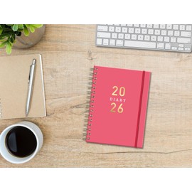 Terminplaner 2026, A5, ein Tag pro Seite, rosa Spiralbindung, Softcover, Tagesplaner, Organizer, Wellness-Mahlzeiten und Reiseseiten