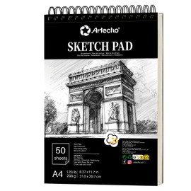 Artecho A4 Sketch Book, 200gsm Hardcover Spiral Bound Sketch Pad, 50 Sheets Acid Free Drawing Paper for Pencil, Charcoal, Pastel and Sketching