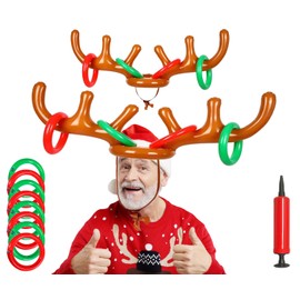2 Set Christmas Inflatable Reindeer Antler Ring Toss Game, Christmas Party Games Inflatable Reindeer Antler Hat with Rings for Outdoor Indoor, Xmas Family Fun Games