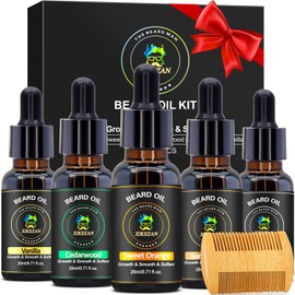 XIKEZAN Beard Oil 5 Pack w/Unscented,Cedarwood,Sandalwood,Vanilla,Orange,Christmas Stocking Stuffers Fathers Valentines Day Gifts Him Dad friend Husband,Beard Growth,Soften,Moisturizing,Strength